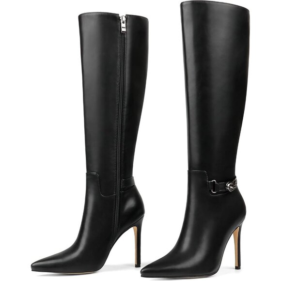 Shoes - Women's Knee High Pointed Toe Stiletto Buckle Slouch Zipper Heeled Boot Black